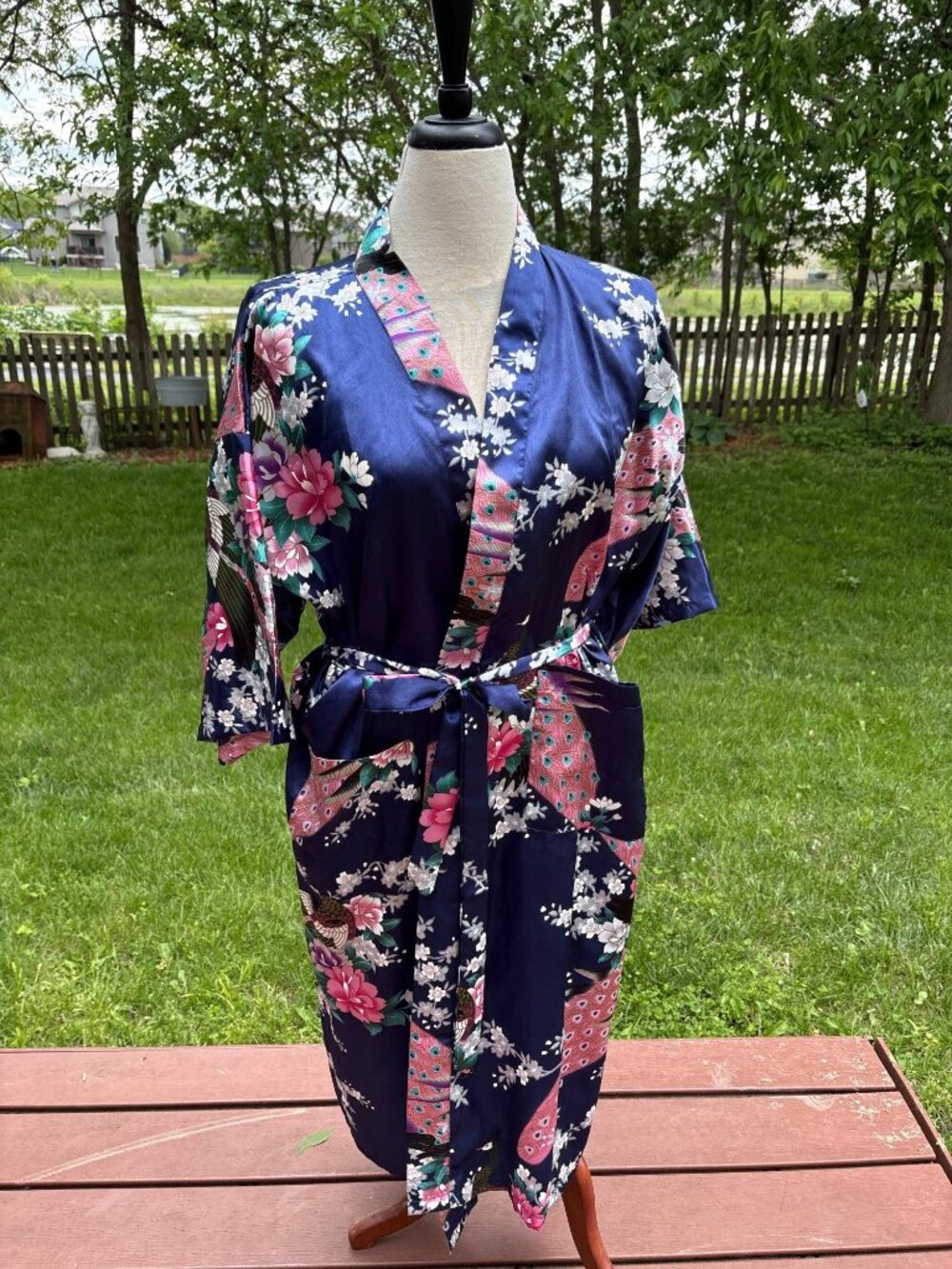 Floral Peacock Kimono Robe With Belt 100% Satin Navy Blue & Pink Size L